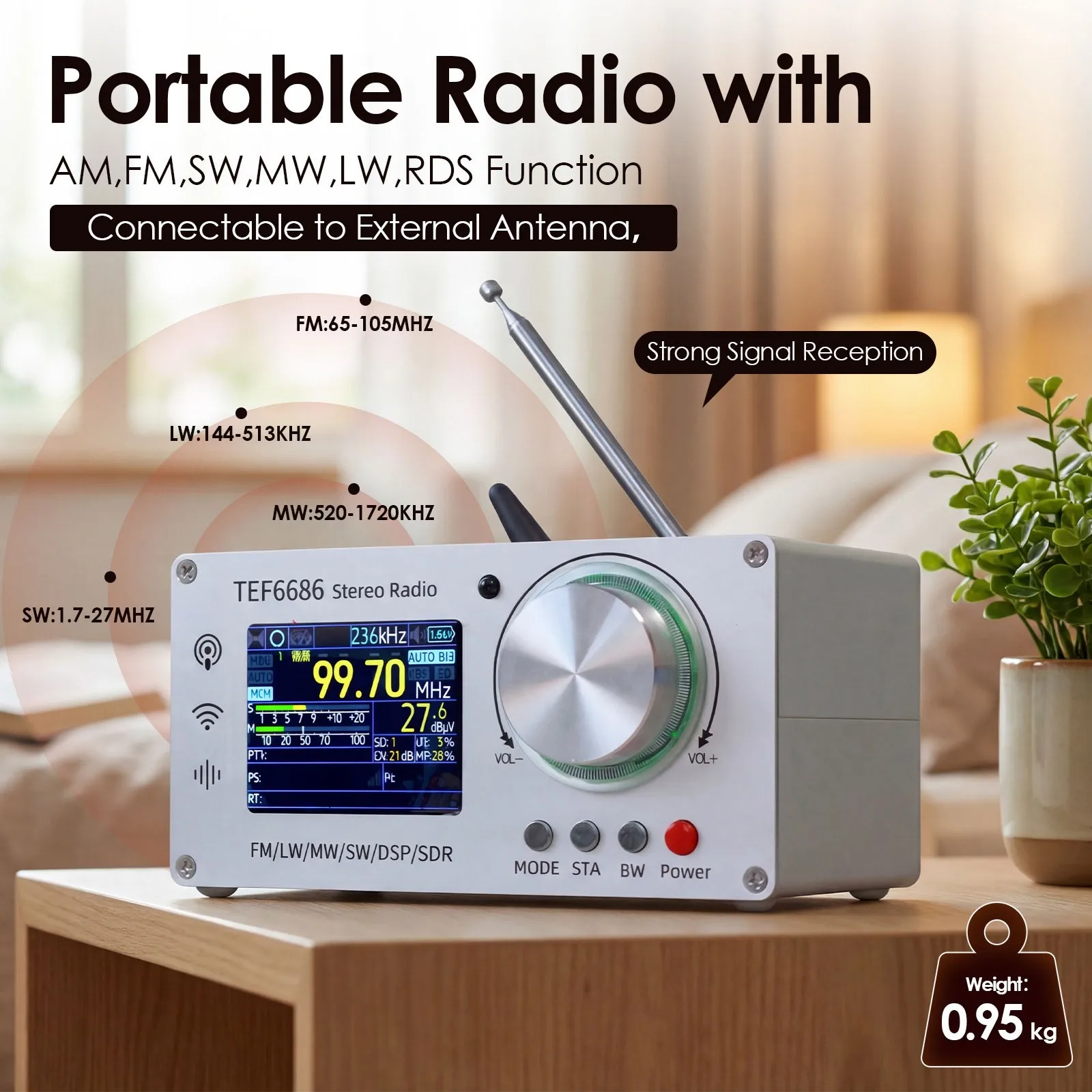 TEF6686 65-108MHz Portable Stereo Radio Receiver Digital High Sensitivity Full Band FM AM SW MW LW DSP Receiver