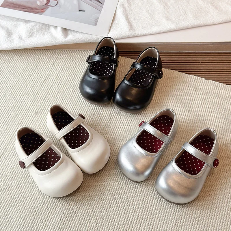 2026 Plain Patent Leather Ballet Flats for Baby Girls Concise Round-Toe Mary Jane Shoes Black/White Kids Soft Sole
