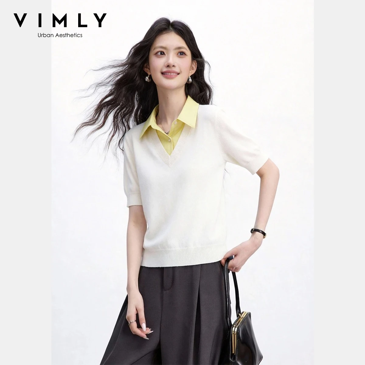 

VIMLY Women's Faux Layered Lapel Collar Knit T-shirt 2026 Summer New Color Block Patch Versatile Casual Short Sleeve Top 30711