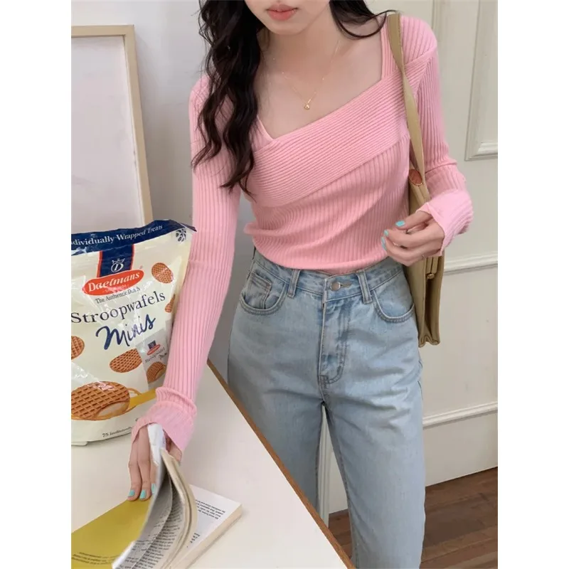 Slim-Fit Women Jumpers Gentle Spring Fall Solid New 2024 Full Sleeve Sexy Casual Knitted Pullovers Office Lady Bottoming N190