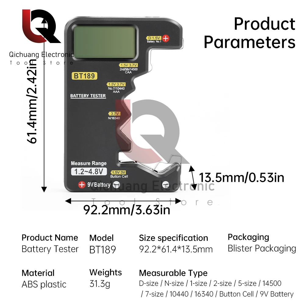 BT189 Battery Tester Wyświetlacz LCD Uniwersalny Woltomierz Elektryczność Wyświetlacz AA AAA Button Cell Baterie Tester 1.2-4.8V/9V