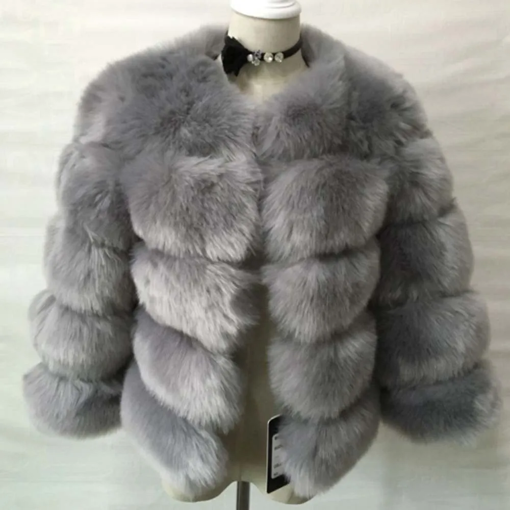 Autumn Winter Solid Round Neck Full Sleeve Coat Thick Warm Fox Short Open Stitch Elegant Splice Faux Fur Women Coats