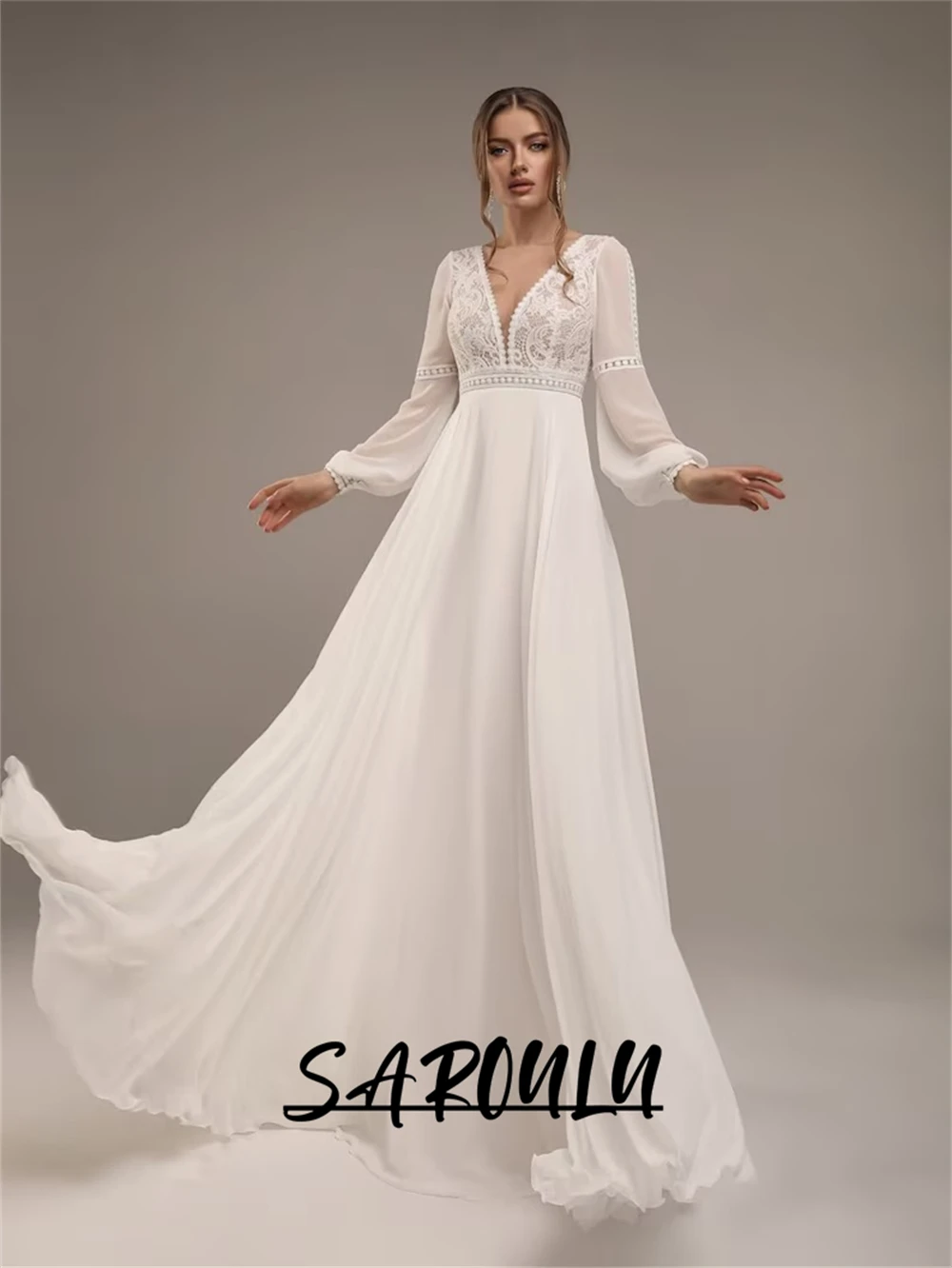 Maxi Chiffon Women Wedding Dress Boho Lace Long Sleeve Beach Bride Dresses Deep V Neck Reception Gown