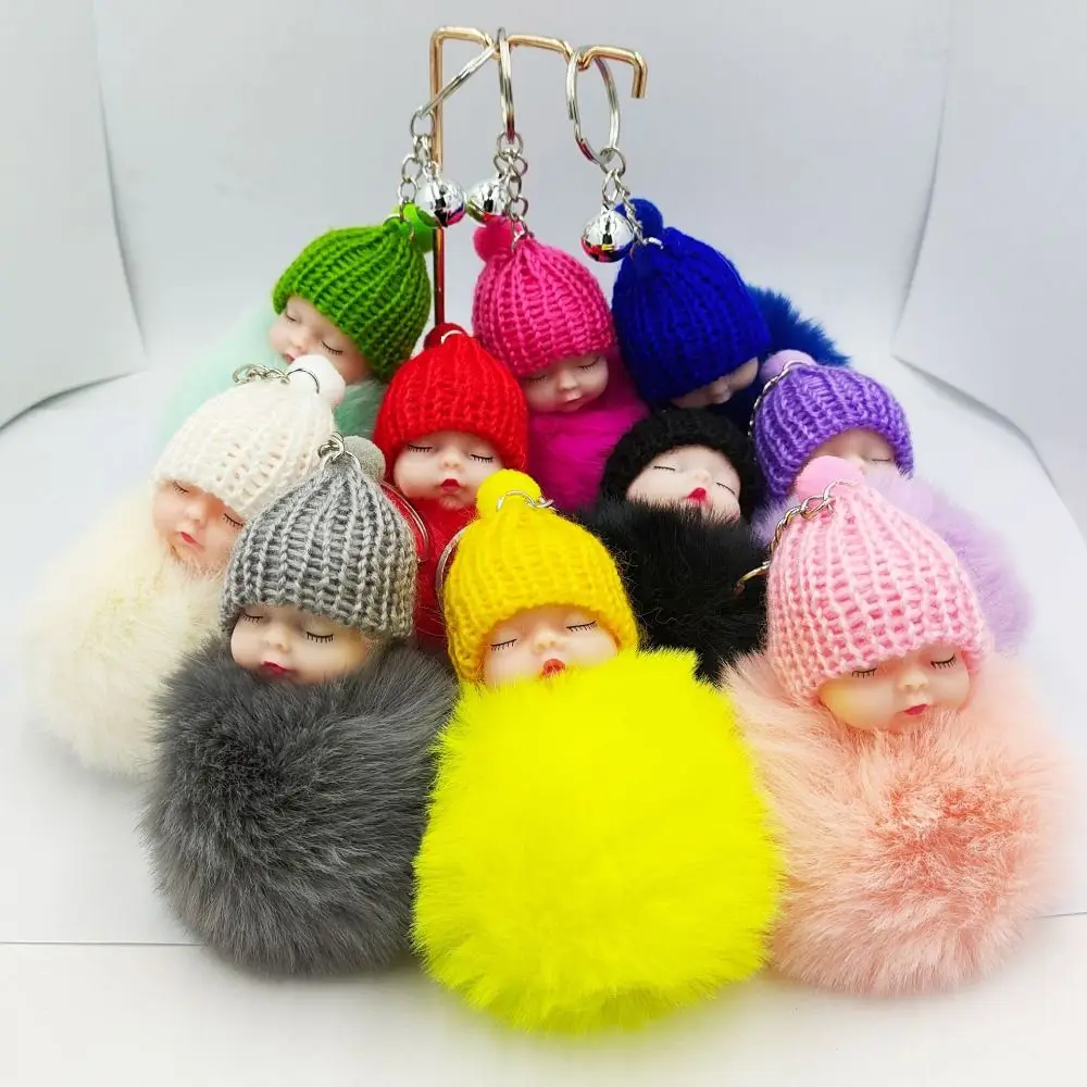 New Sleeping Baby Key Ring Women Fluffy Plush Keychain Faux Rabbit Fur Keyrings Pompom Key Buckle Cute Doll Keychain Bag Pendant