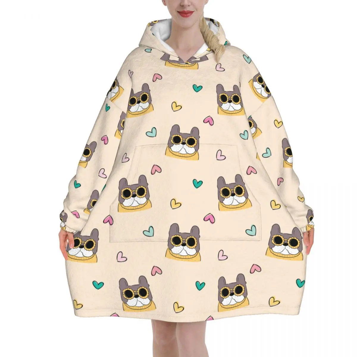 Cartoon French Bulldog Face And Heart Design Blanket Hoodie Wearable Kawaii Frenchies Sweatshirt Blanket Warm Gifts for Women