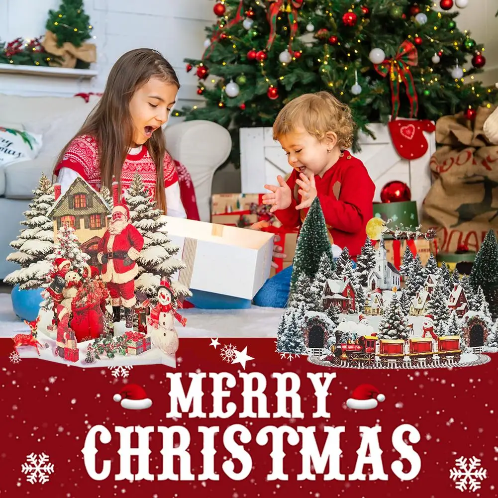 

Christmas Card 3D Night Scene Design Santa Reindeer Snowy Village Moonlit Sky Festive Holiday Greeting Card for Christmas