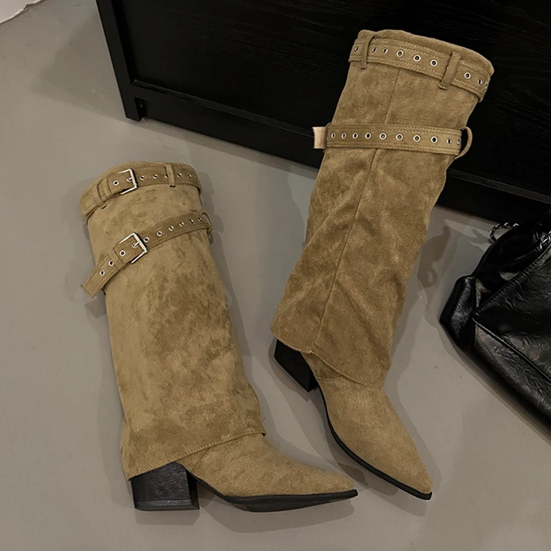

Высокие сапоги для женщин, туфли на высоком каблуке с острым носком, замшевые модные дизайнерские туфли-лодочки, новинка 2025 года, зимние сапоги челси до колена Femme