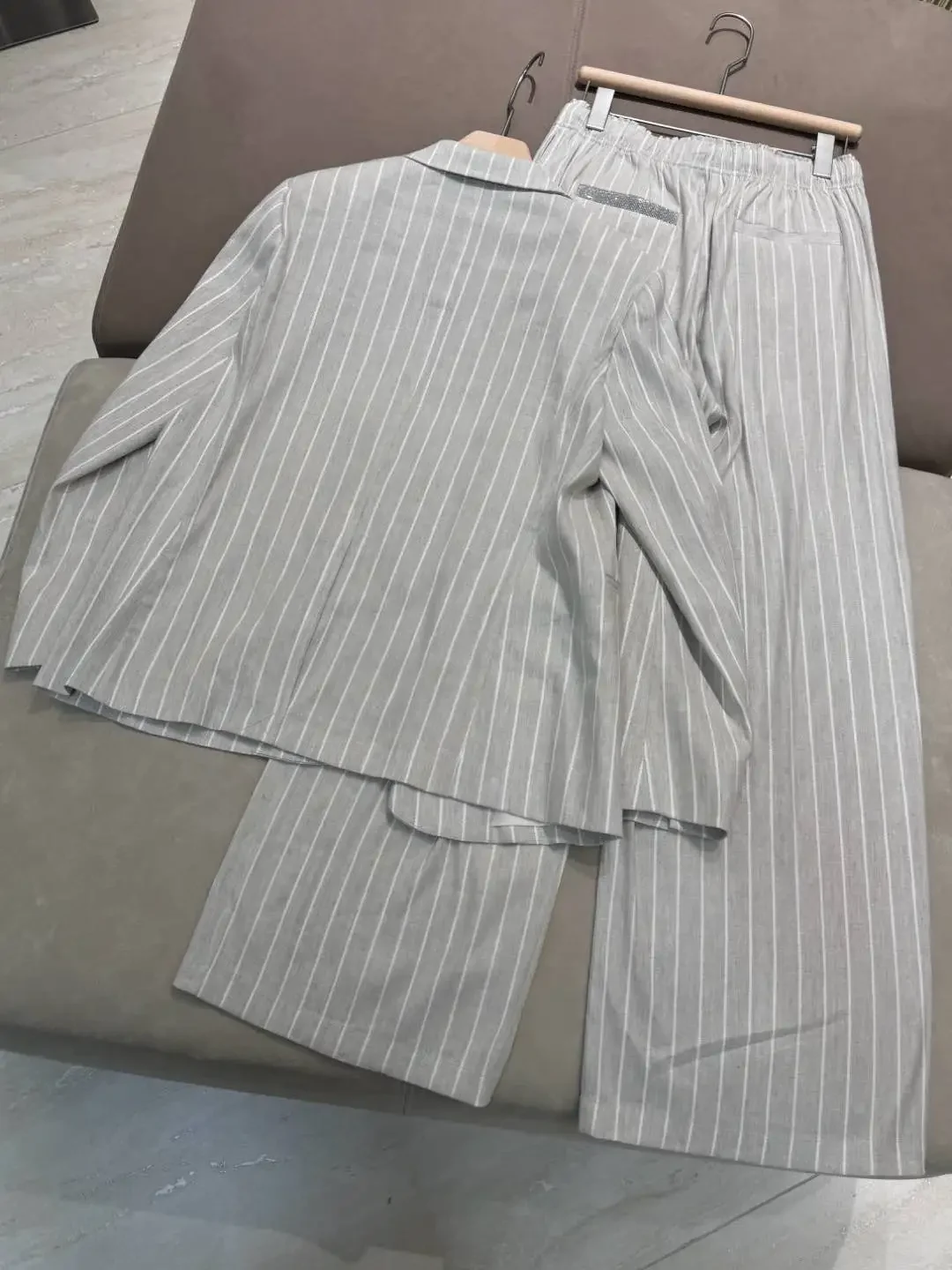 Spring 2025 Women's Striped Linen Blend Suit Beaded Single Button Blazer or Elastic Waist Straight Wide Leg Pants 2-Piece Set