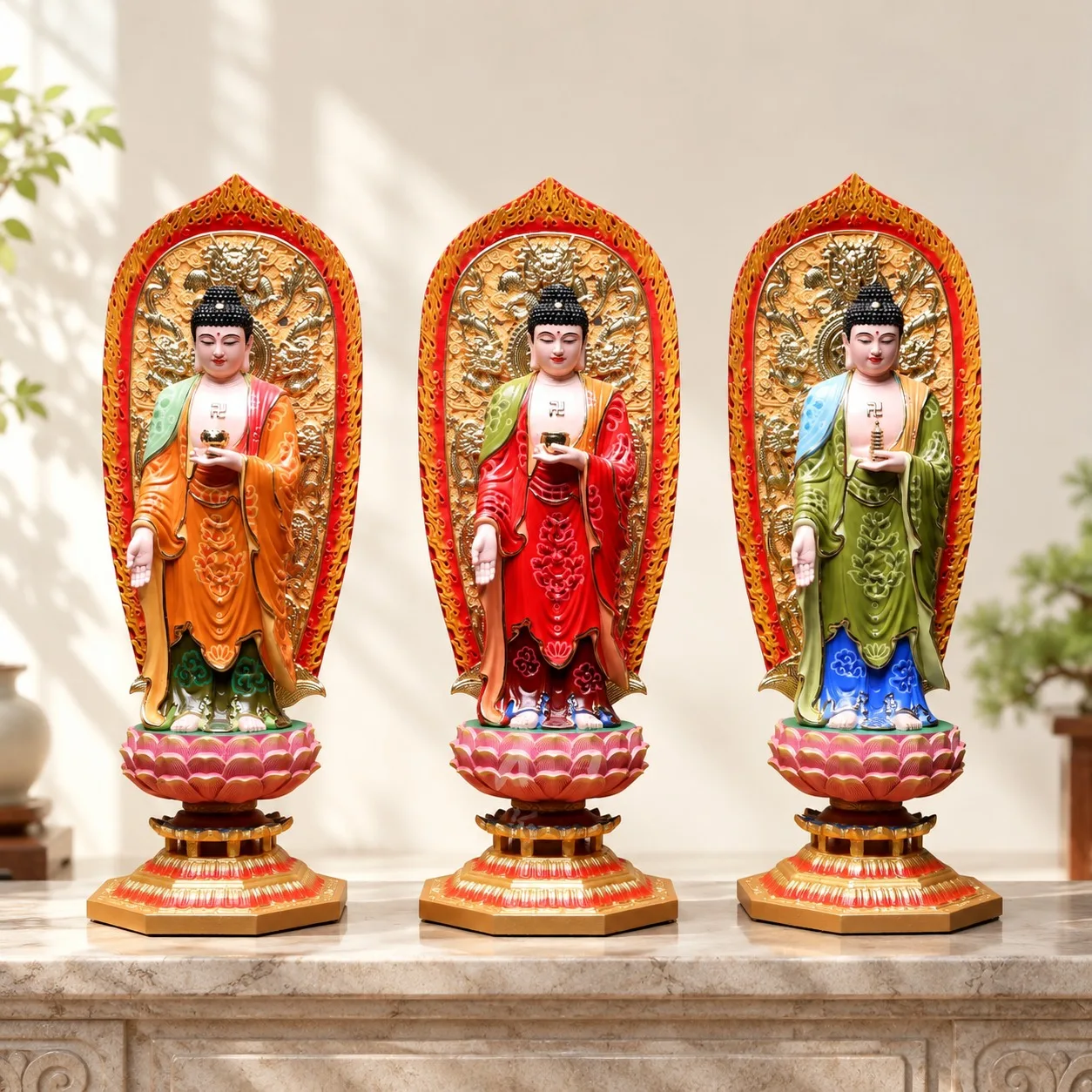 Painted Gilded Wood Three Buddha Statue Shakyamuni Medicine Buddha Amitabha Chinese Buddhist Home Altar Tabletop Decor Gift