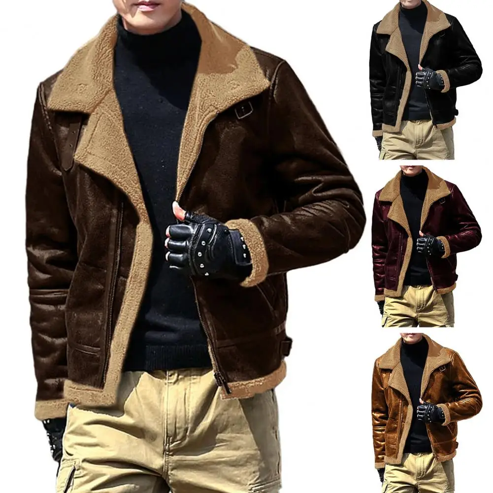 

Vintage Lapel Coat Stylish Men's Winter Coat Warm Plush Zipper Closure Contrast Color for Autumn Winter with Turn-down Collar