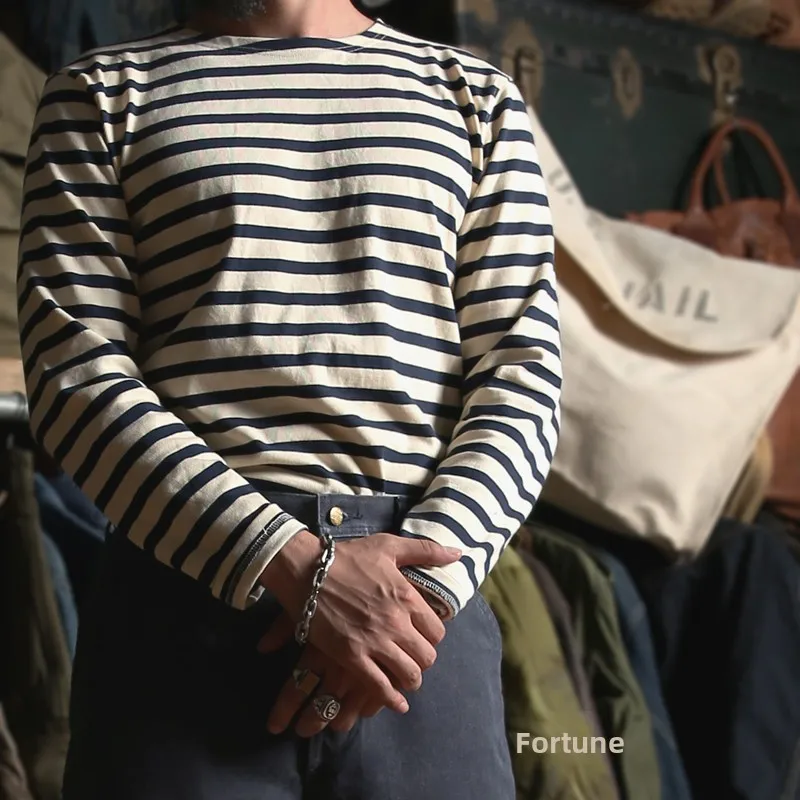 

Red Bronson Men's Long Sve T-irt Nautical Stripe Boat Ne Heavyweight Base Layer irt Trendy Vintage Youth Faion