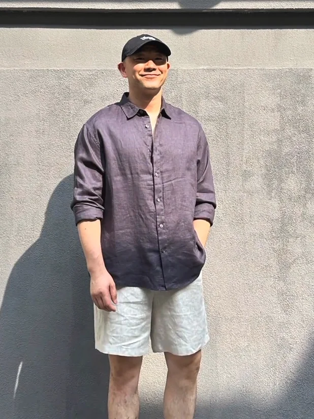 Cotton Linen Shirt Shorts Set Men's Slim Fit Long Sleeve Lightweight Sun Protection Five-Point Short Pants Two-Piece Set