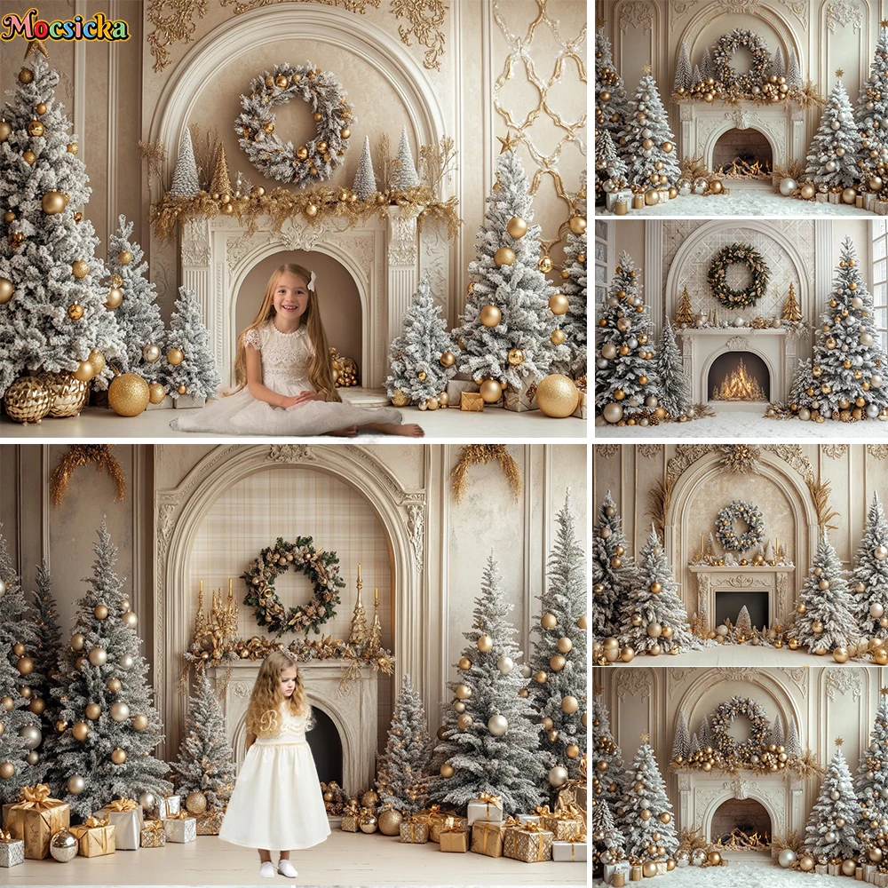 

Christmas Fireplace Background Photography Golden Xmas Tree Vintage Wall Backdrop Decor Winter Family Portrait Photozone Studio