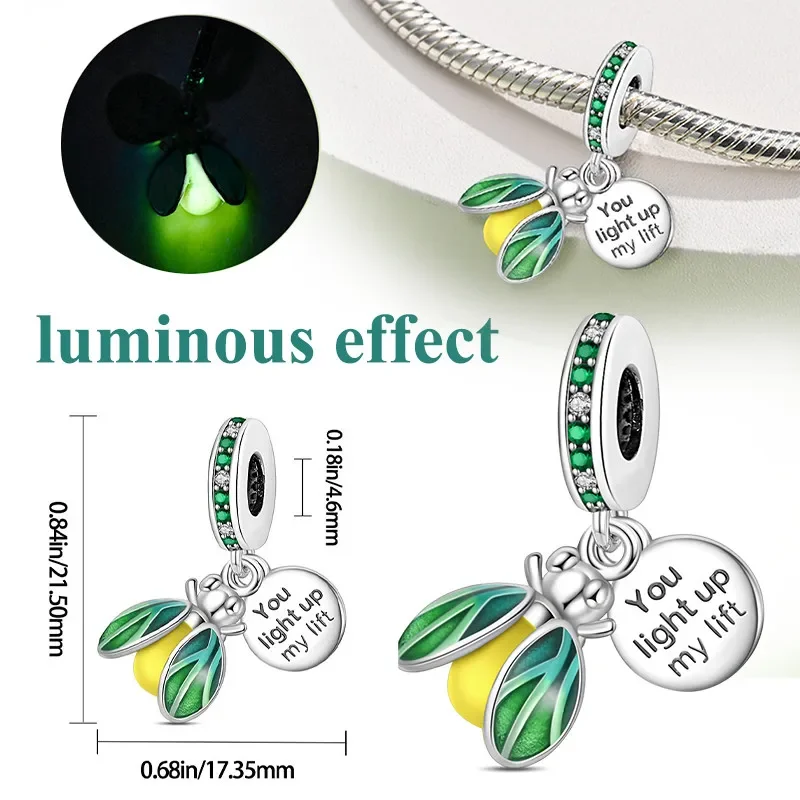 S925 Silver Glow in The Dark Chameleon Charm Fit Original Bracelet Bead for Women DIY Luminous Firefly Fine Jewelry Gift