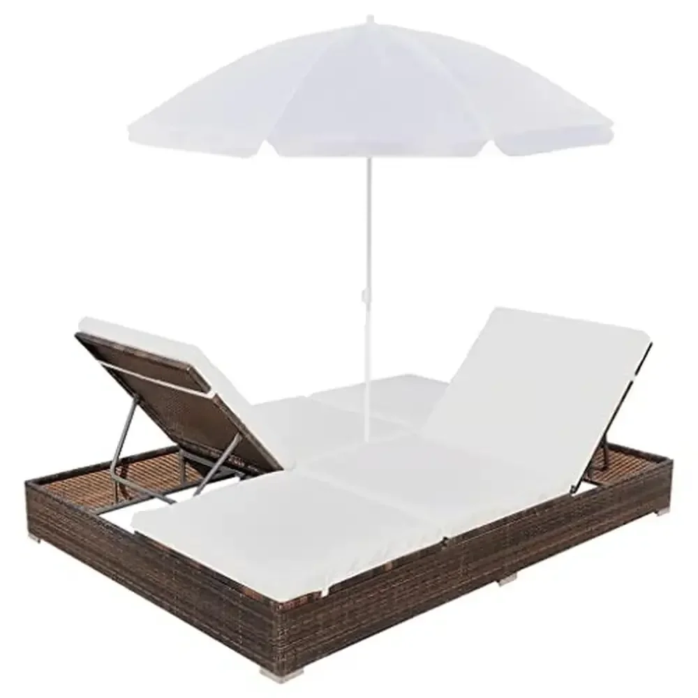 

Double Sun Lounger Chaise Lounges with Cushion & Umbrella Adjustable Outdoor Garden Daybed Sunbed 2 People Weather-Resistant PE