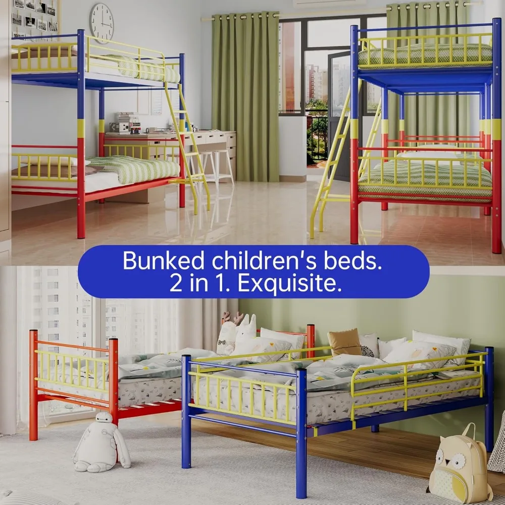سرير مزدوج معدني بطابقين للبالغين والأطفال مع حاجز أمان وسلم، تصميم موفر للمساحة للاستخدام الفعال #5