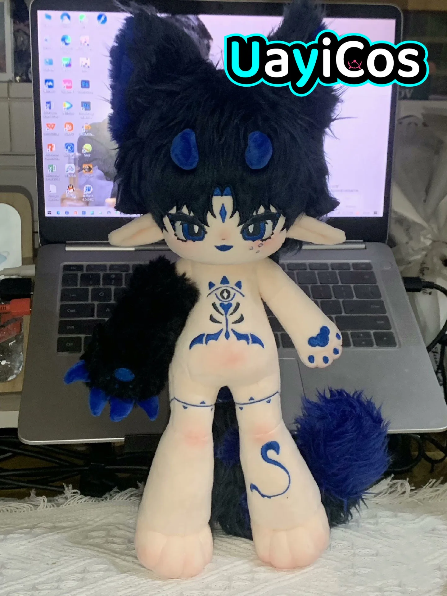 Anime Sa Mai La Blue Hair  Elf Horn Guy Monster Tail Stuffed 30cm Long Legs Plushies Plush Cotton Doll Clothes Body Toy For Kids