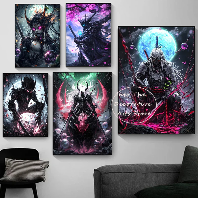 Dark Art Demon Samurai Chain Abdominal Muscle Samurai Sword Abstract Poster Canvas Paintings Wall Art Pictures Home Decor
