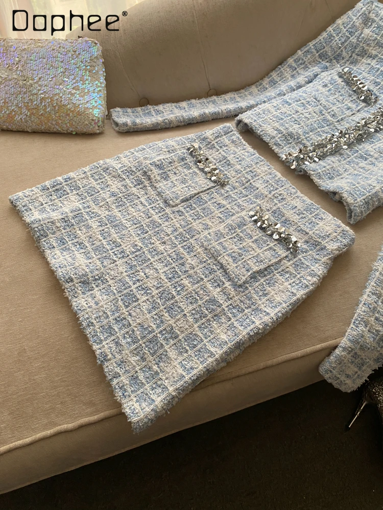 Elegant แฟชั่น High-end Tweed ชุดกระโปรงลายสก๊อตลูกปัดรอบคอ Single-breasted สั้นเสื้อกระโปรงมินิ 2 ชิ้นชุด