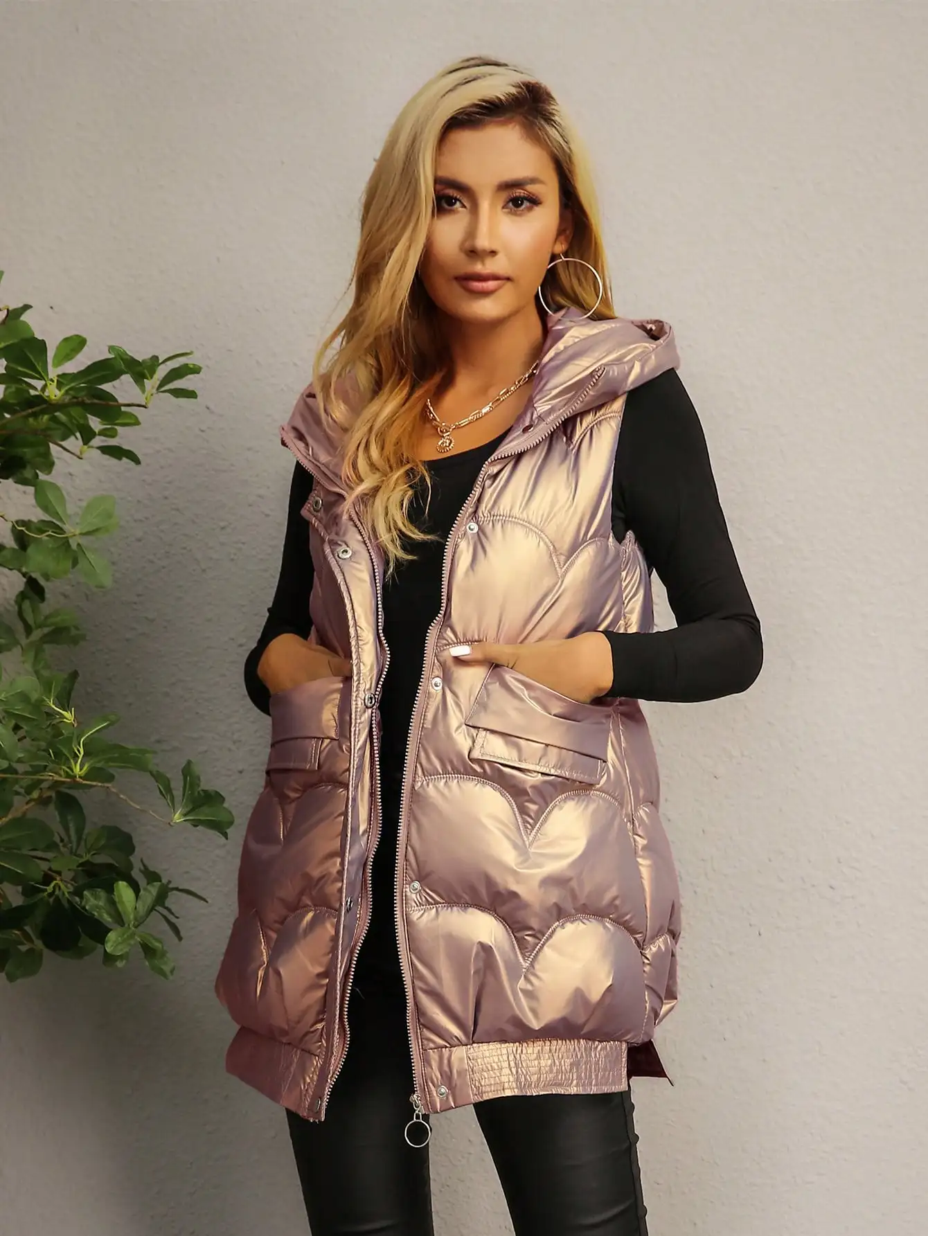 2023 Fashion Autumn And Winter Sleeveless Patent Hooded Front Zipper  Button Details Solid Puffer Coat Outdoor Warm Clothing