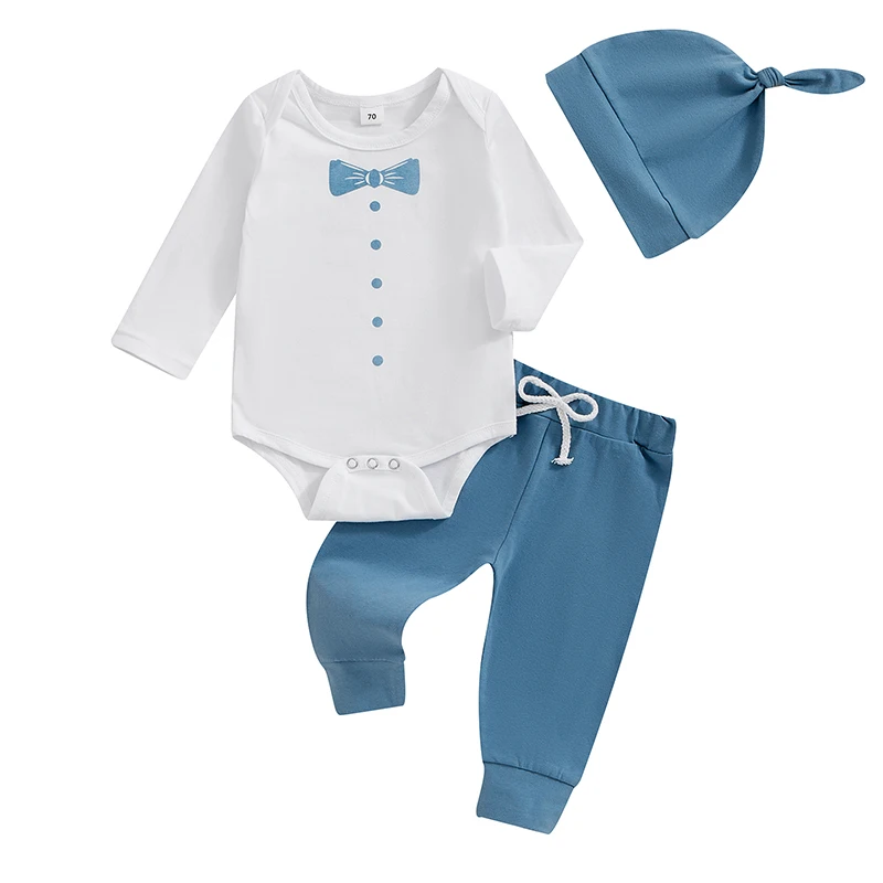 

Baby Boys Fall Outfits Bow Buttons Print Crew Neck Long Sleeve Rompers Long Pants Hat 3Pcs Clothes Set