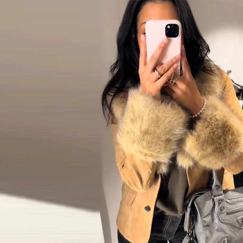 الشتاء المرأة سترة من جلد الغزال شيك انفصال الفراء طوق معطف نحيف واحدة الصدر جيب أبلى 2025 موضة جديدة سترات للسيدات #6