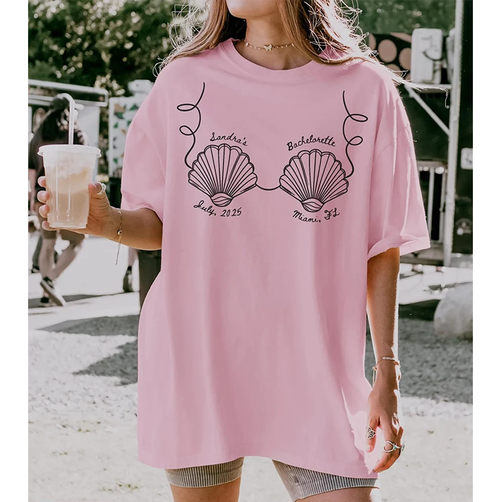 Custom Name Seashells Bachelorette Party T‑Shirt Personalized Date Location Beach Coastal Tee  Beach Hen Party Short - view 3