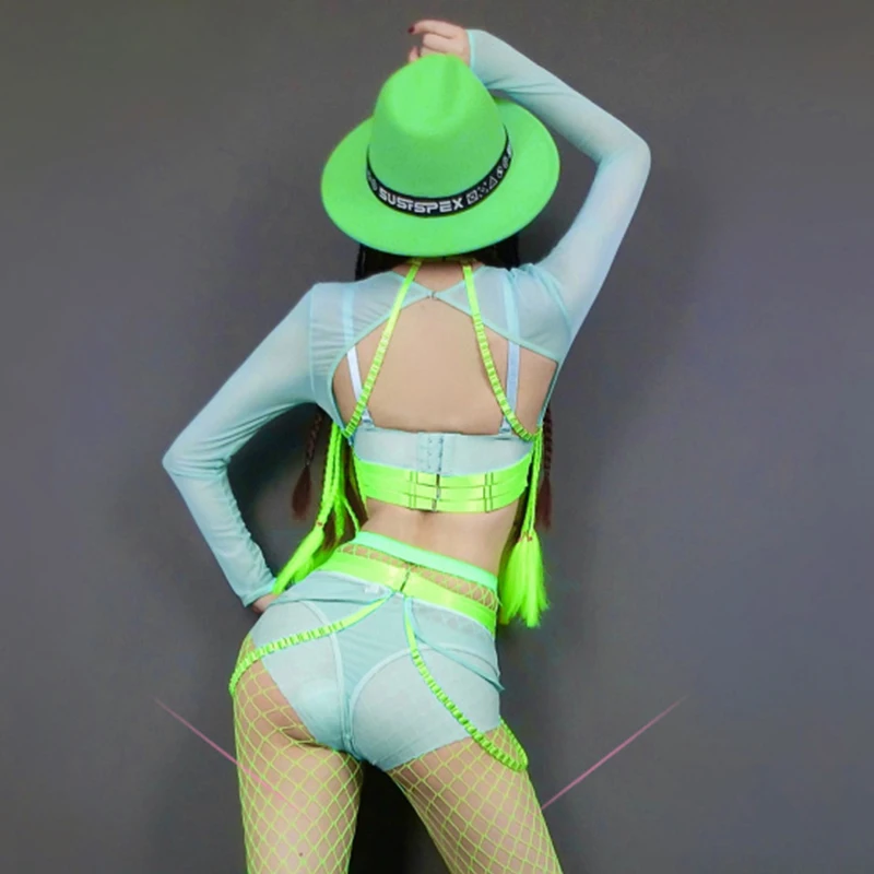 Fluorescent Green GoGo Dance Costume Women Nightclub Sexy Dj Show Clothing Mesh Tops Bikini Rave Outfit Bar Party Wear DNV17809