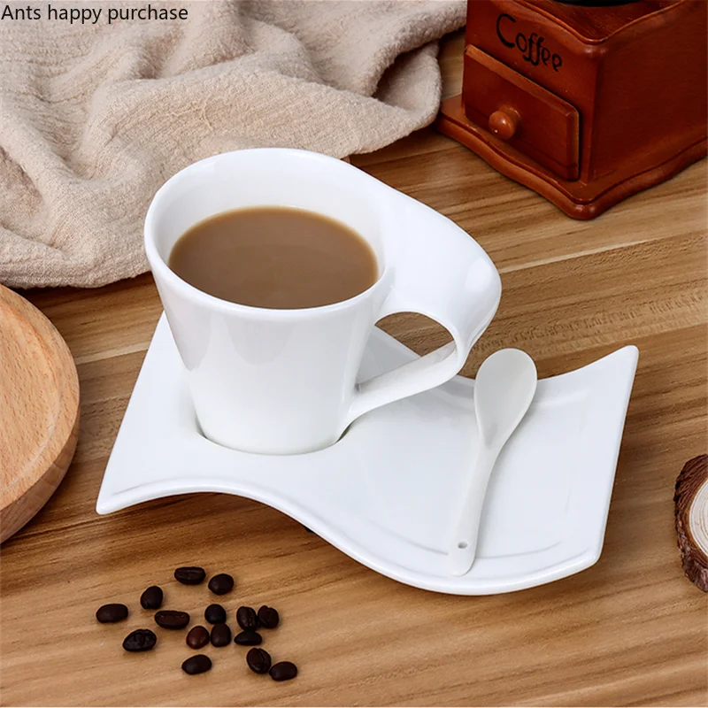 Pure White Ceramic Mug Coffee Cup and Saucer Set Milk Tea Cups Wave Coffee Mug Office Afternoon Tea Cup Milk Cups Tea Mugs