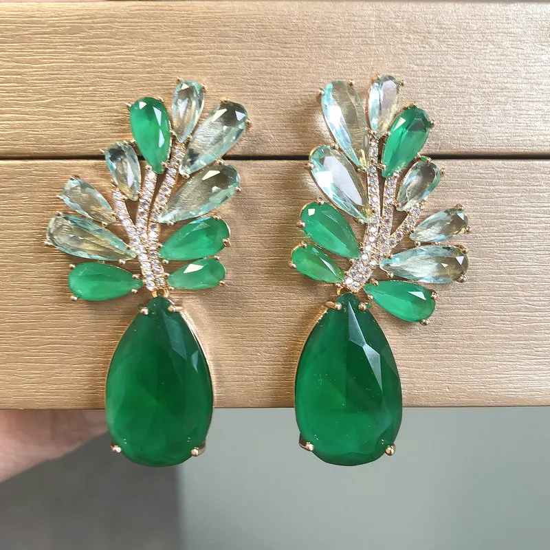 Bilincolor Green Leaf and Waterdrop Fashion Earring for Women Wedding Party Gift