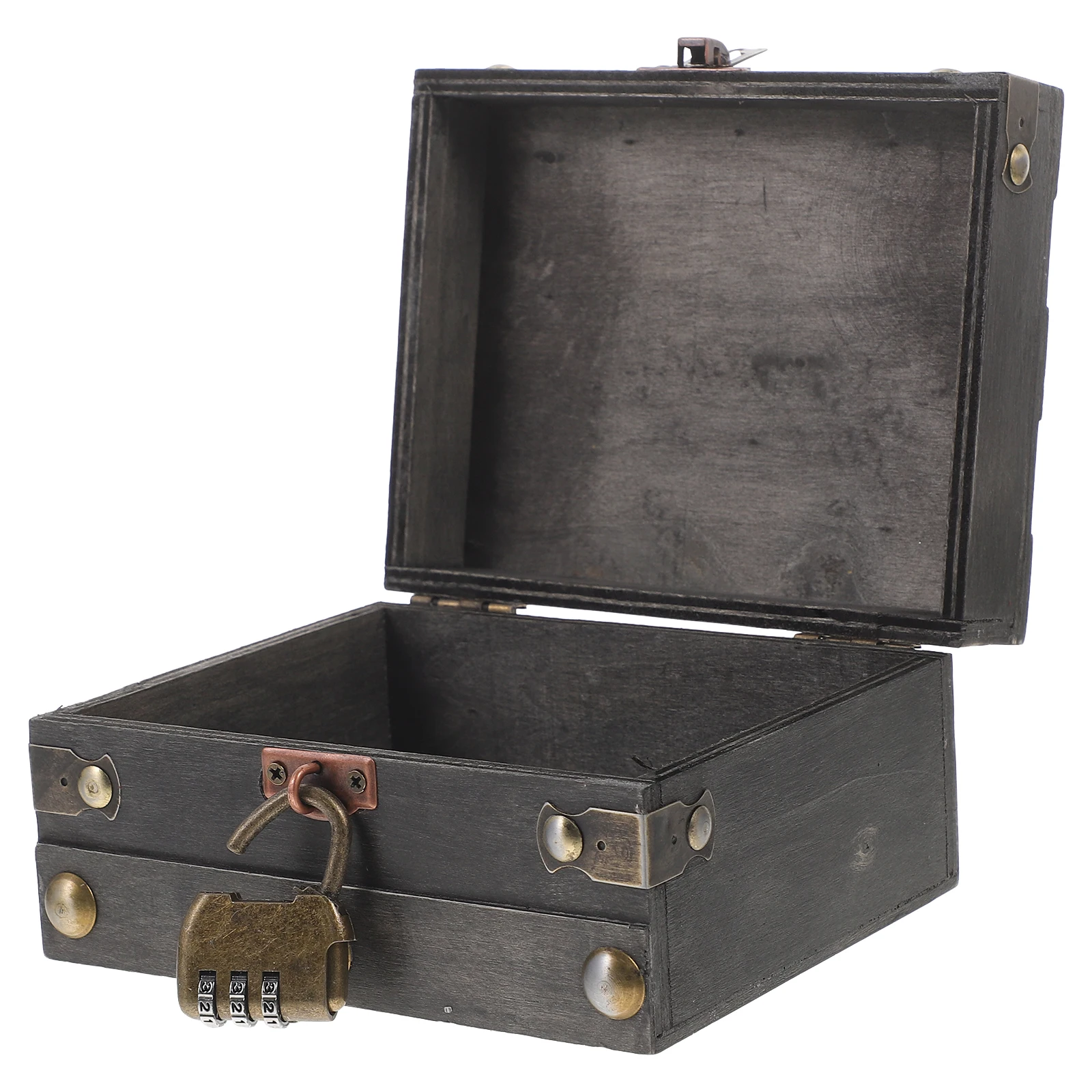 

Vintage Storage Box Retro Pirate Treasure Chest Photo Prop Small Trinket Jewelry Color Three Locks Gray Tone