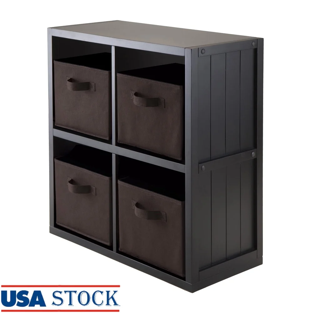 Estante de almacenamiento negro 2x2 con 4 cestas de chocolate plegables, unidad organizadora independiente, dormitorio, sala de estar, entrada