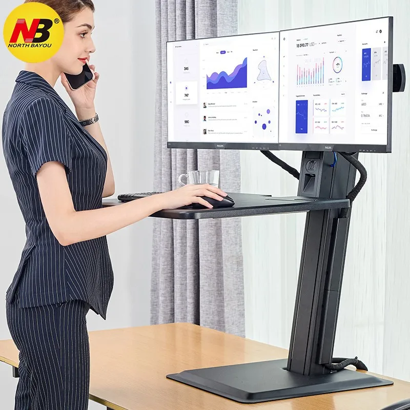 Dual screen stand up display, lifting table, computer desk, office desk, desk top, elevated stand