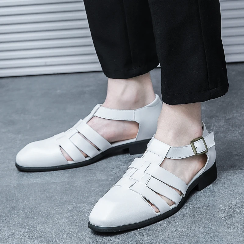 New Summer Fashion Breathable Leisure Leather Hollow Out Sandals Men\'s Shoes Italy Style Flat Outdoor High Quality White Shoes