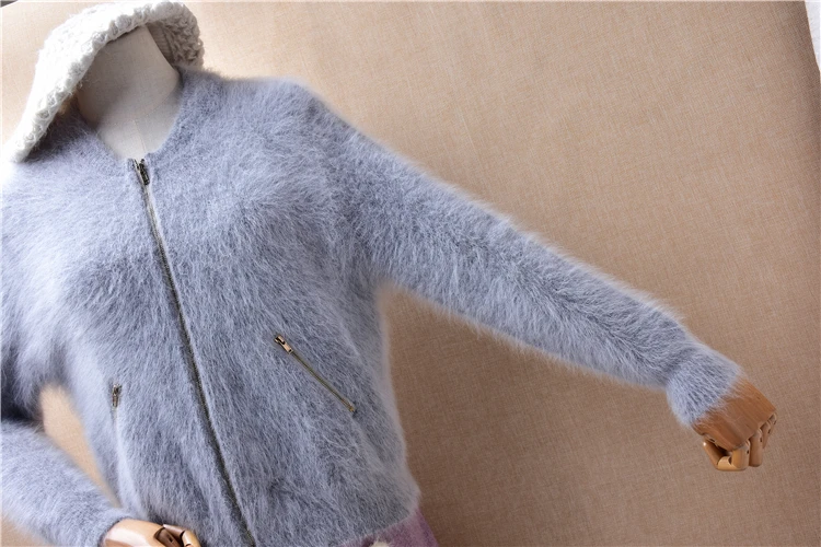 Ladies Women Fall Winter Clothing Grey Zippers Hairy Angora Rabbit Hair Knitted Long Sleeves Slim Cardigans Sweater Coat Pull