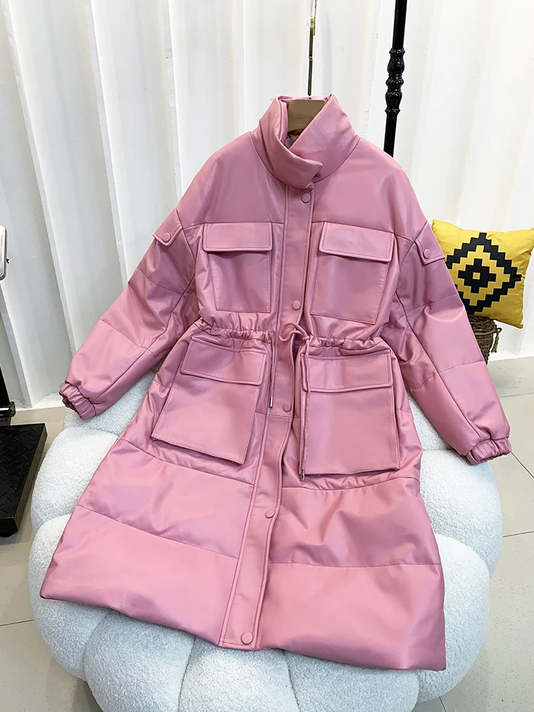 Genuine Sheepskin Leather Down Jackets for Women 2023 Winter Real Leather Jacket Female Standing Collar Parkas Waist Drawstring