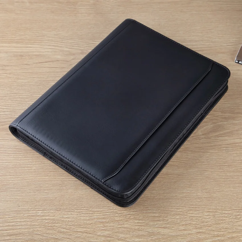 executive A4 folder zipper padfolio business organizer documents holder 3-ring binder PU leather document bag with calculator