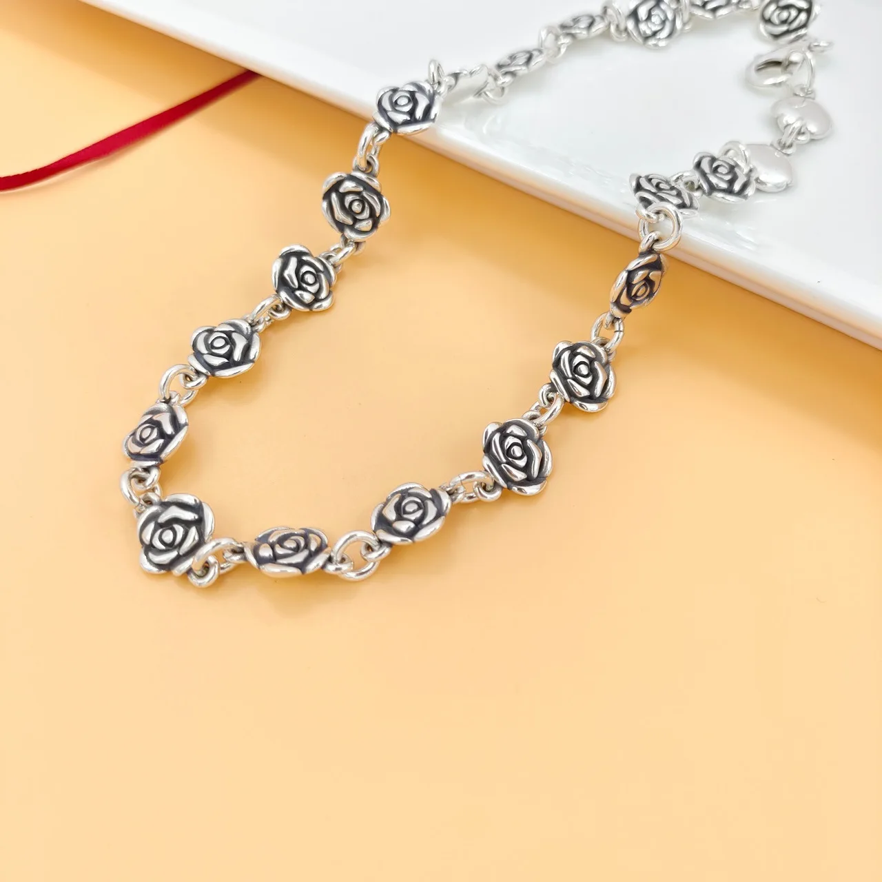 Japanese and Korean s925 sterling silver necklace women's fashion rose necklace couple ornament hip hop silver accessories