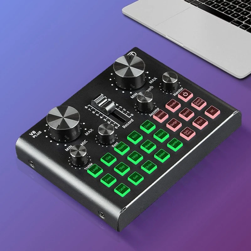 BNGF-V8 Plug Sound Card for Live Streaming Voice Changer Sound Card with Multiple Sound Effects, Audio Mixer for Recording