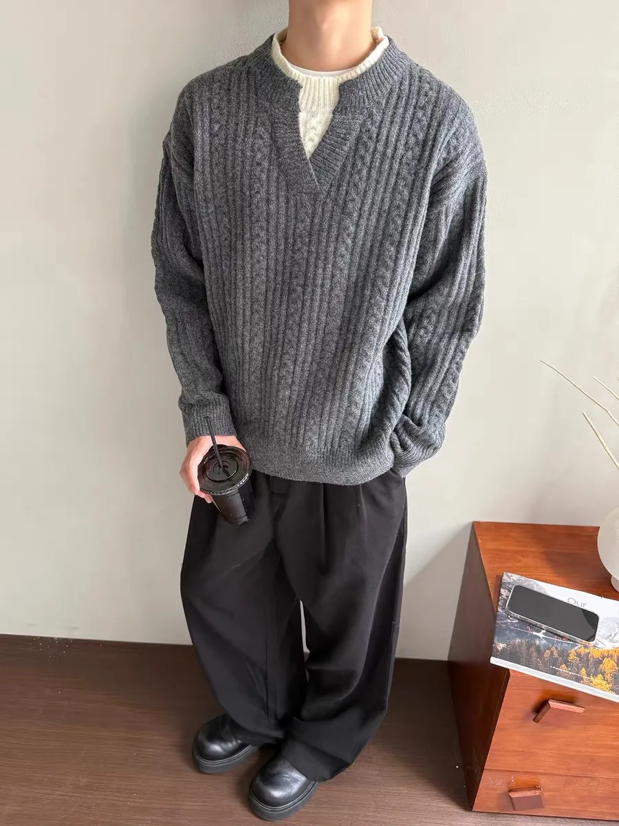 

Thiened Winter Men's Knitted Sweater Casual Warm V-Ne Long Sve Pure Color Tassel Texture Loose Fit Faionable