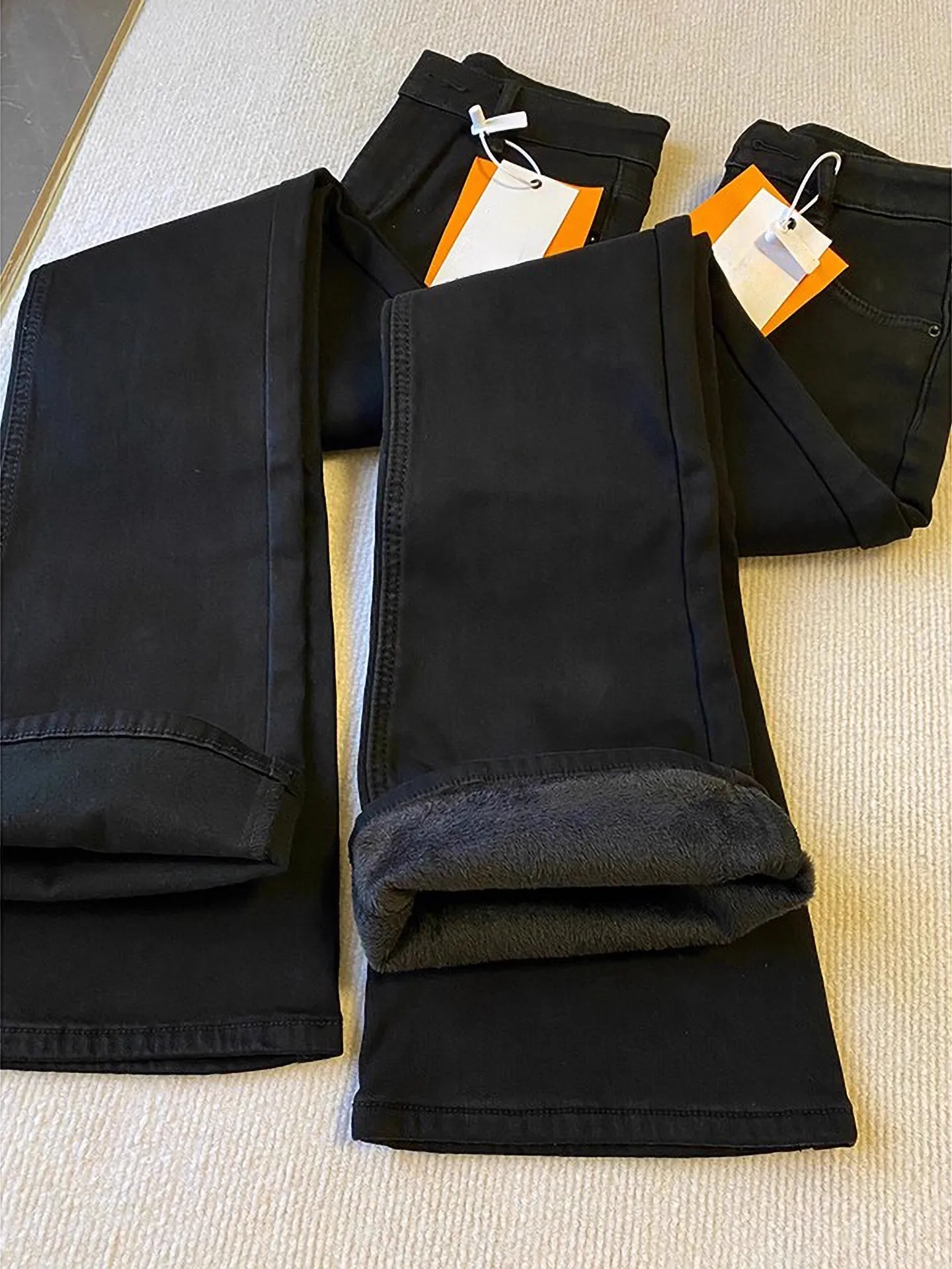 

Fleece Lined High Waist Bell Bottom Straight Leg Denim Jeans plus Size Women's Winter Slimming Long Trousers Cotton Stretch