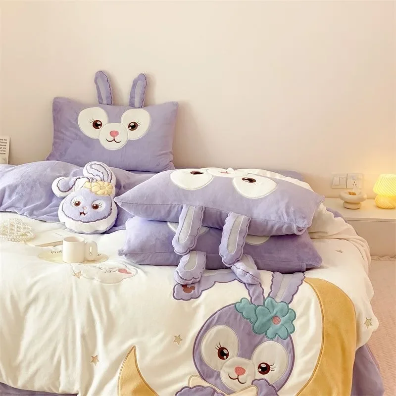 Cartoon Stellalou autumn and winter thickened comfortable soft embroidered coral milk velvet warm bedding cute four-piece set