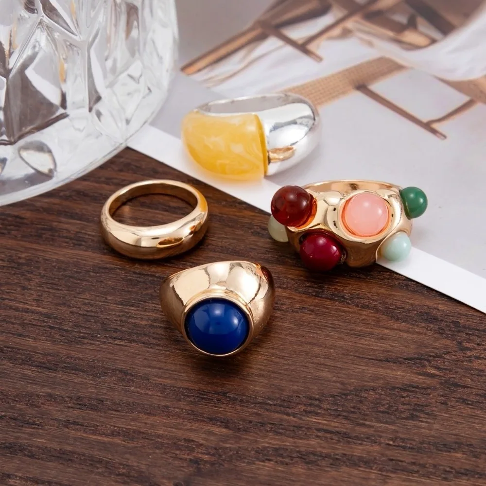 4Pcs/set Vintage Color Resin Gemstone Ring Glossy Metal Surface Multi-Color Stackable Wide Band Ring Polish Surface