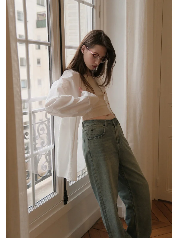 High Waist Wide Leg Denim Jeans Women's Vintage Faded Draped Loose Straight Long Pants Retro Sle Cotton Fabric Ladies Jeans