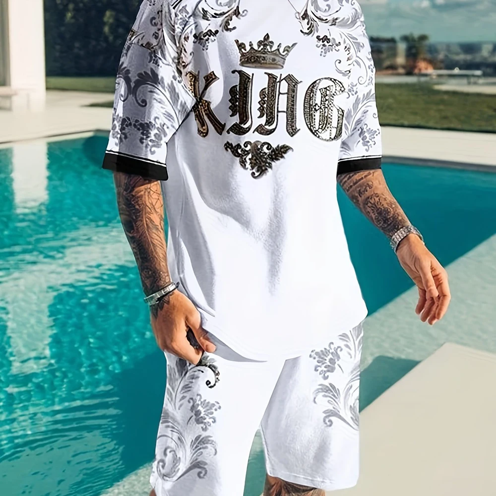 

2025 Summer New Men's Summer Leisure Sports Running Set Loose Men's Refreshing Top Y2K Style 3D Poker King Fashion Set Lightweig