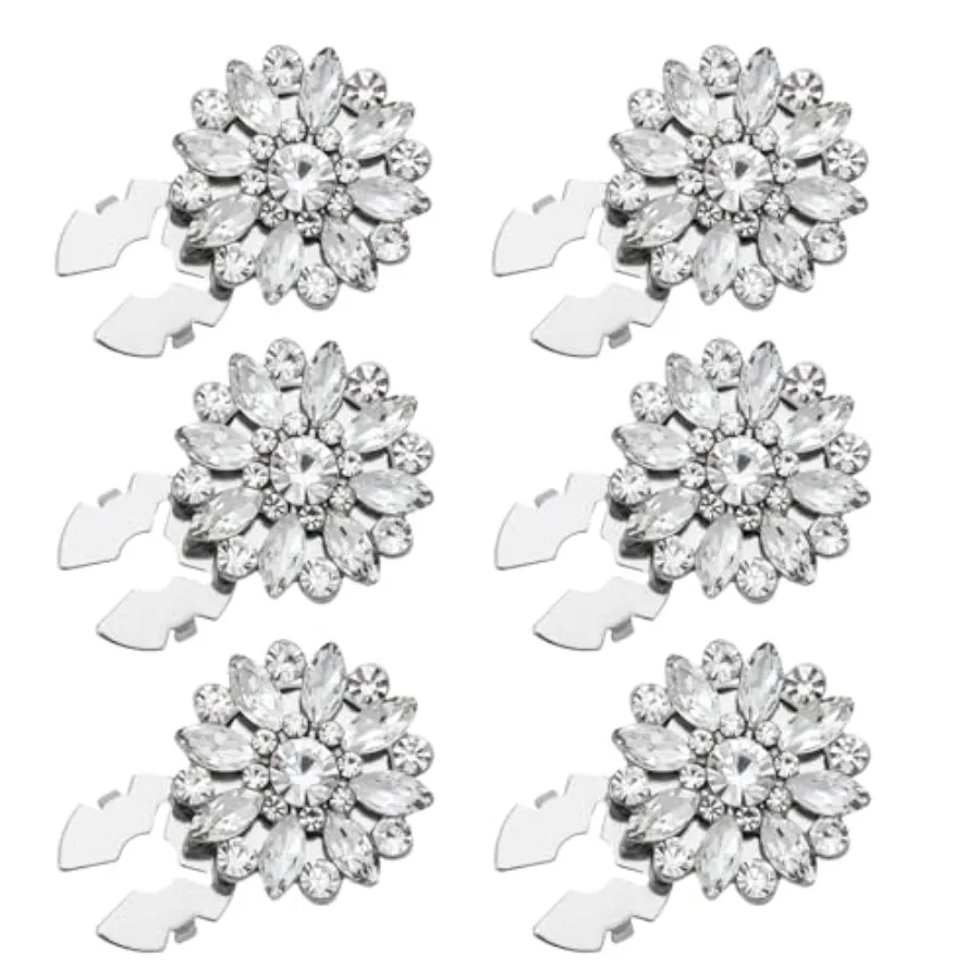

6 Pcs 24mm Detachable Rhinestone Button Covers Sliver Flower Crystal Clips for Clothing Embellishments DIY Craft Decor