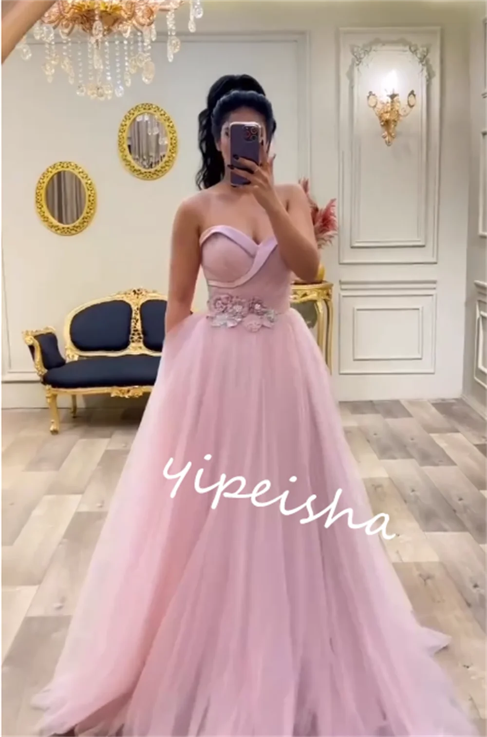 Tulle Applique pieghe sera a-line Sweetheart abito da occasione su misura abiti lunghi