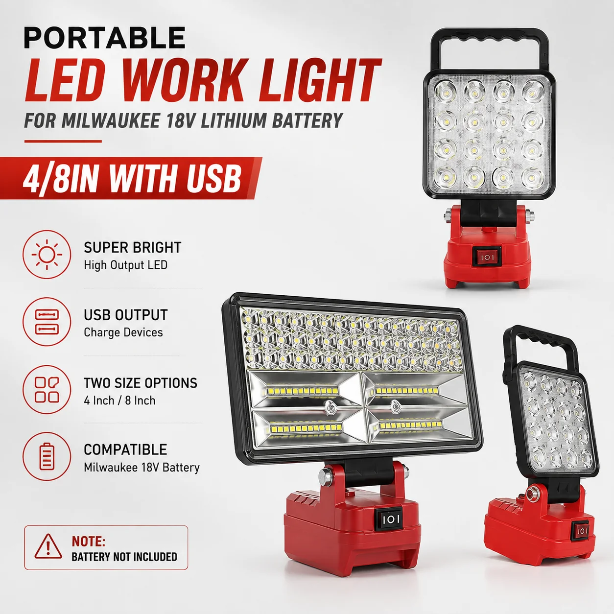 LED Jobsite Work Light FOR Milwaukee M18 18V Battery 90W Cordless Portable Flood Lamp for Workshop Garage Repair Lighting Too