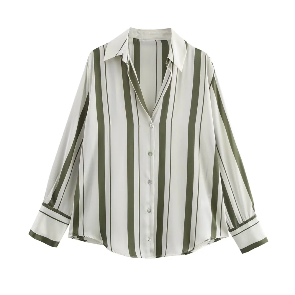 PB&ZA2024 autumn new women\'s clothing style loose and casual simple striped printed V-neck satin shirt top