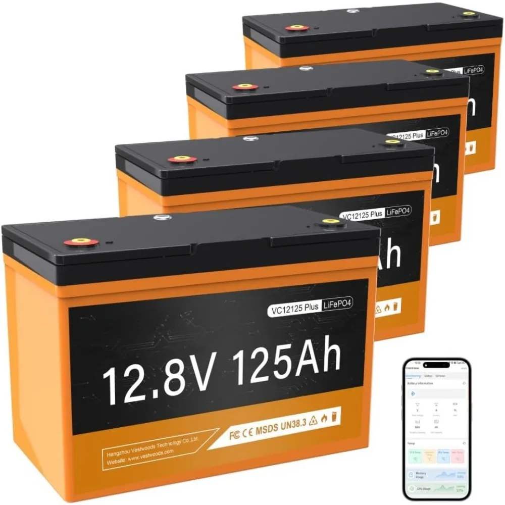 4Pack 12V 125Ah LiFePO4 Lithium Group 27 Battery 6000 Deep Cycles, Bluetooth APP and External Button, 1280W 100A BMS